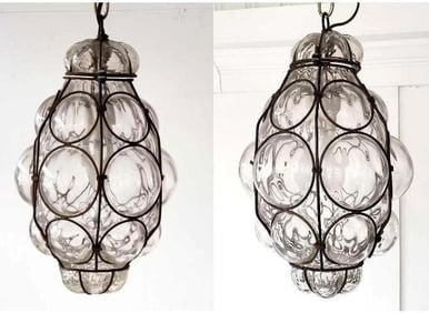 RARE PAIR OF VINTAGE ITALIAN MURANO VENINI STYLE "BUBBLES" PENDANT LIGHTS