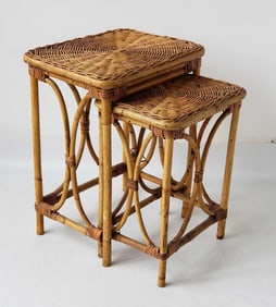 VINTAGE SET OF 2 BAMBOO AND WOVEN RATTAN NESTING TABLES
