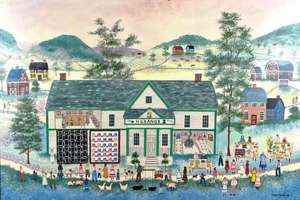 JANET MUNRO SIGNED ACRYLIC ON BOARD FOLK ART PAINTING 'SUMMER AT THE GRANGE' (1987)