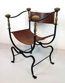 ITALIAN IRON BRASS AND LEATHER SAVONAROLA CHAIR CIRCA 1920