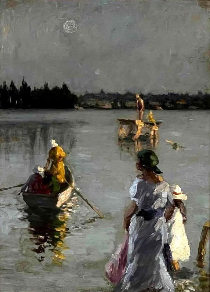 FRAMED IMPRESSIONIST / TONALIST OIL PAINTING OF FIGURES AND BOATS AT DUSK: A unsigned Impressionist/Tonalist oil painting depicting figures and boats at dusk on a body of water. The scene, rendered in a muted palette, features a full moon in the sky. Dimensions: OA: 20&rdquo