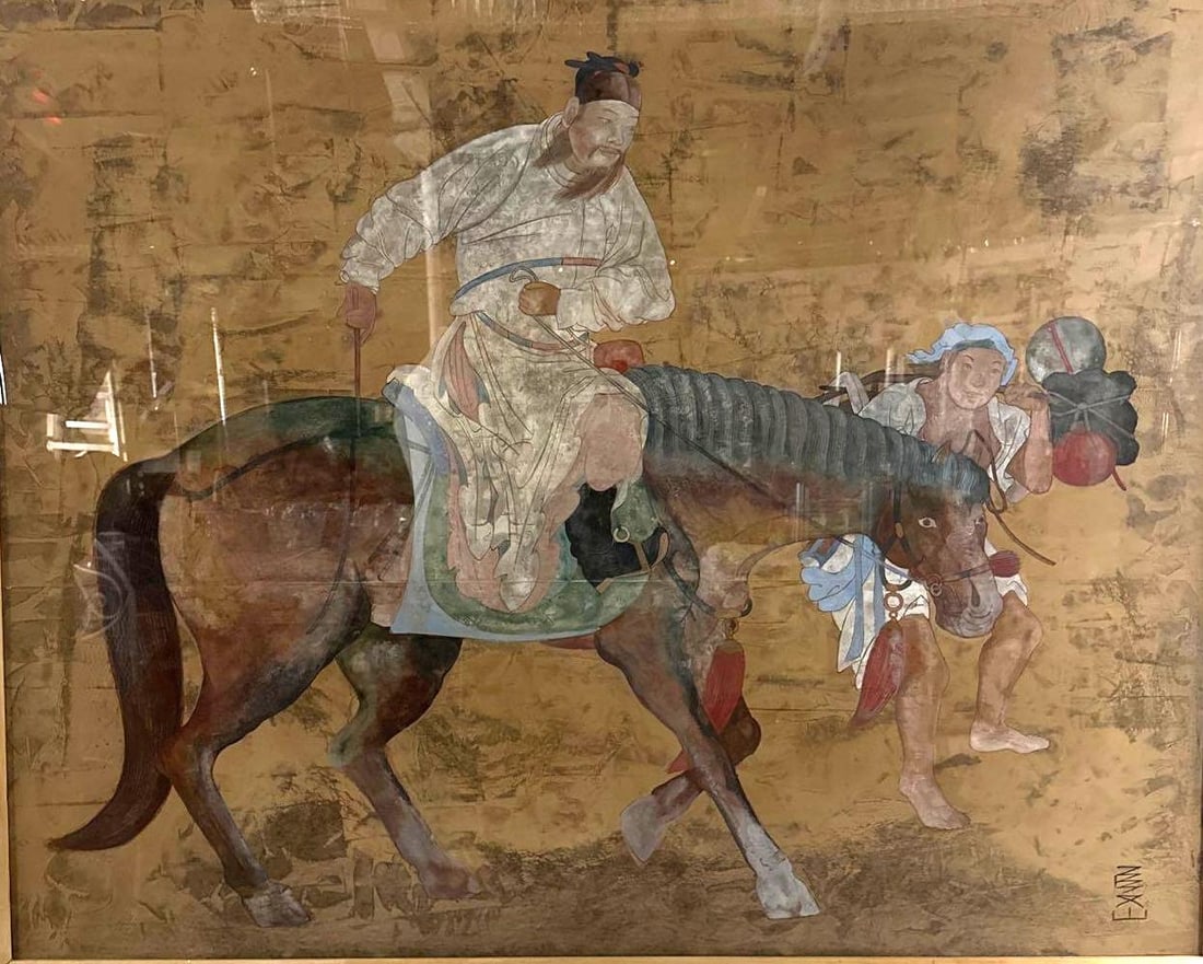 OVERSIZED ANTIQUE CHINESE PAINTING: TANG DYNASTY POLO RIDER & ATTENDANT (1 of 7)
