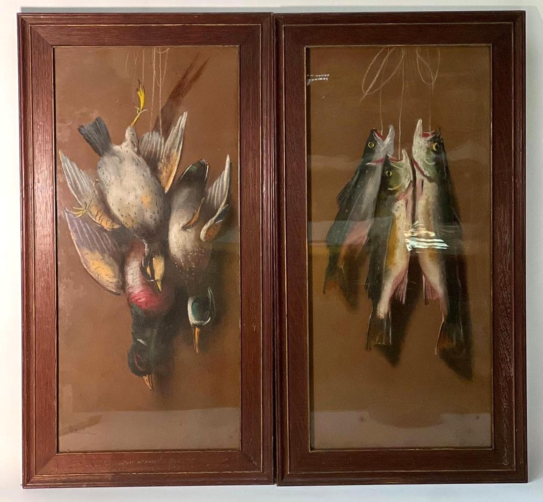 PAIR OF ANTIQUE AMERICAN TROMPE L'OEIL GAME FISH STILL LIFE PAINTINGS (1 of 7)