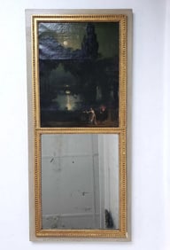 ANTIQUE FRENCH TRUMEAU MIRROR WITH NOCTURNAL LANDSCAPE PAINTING