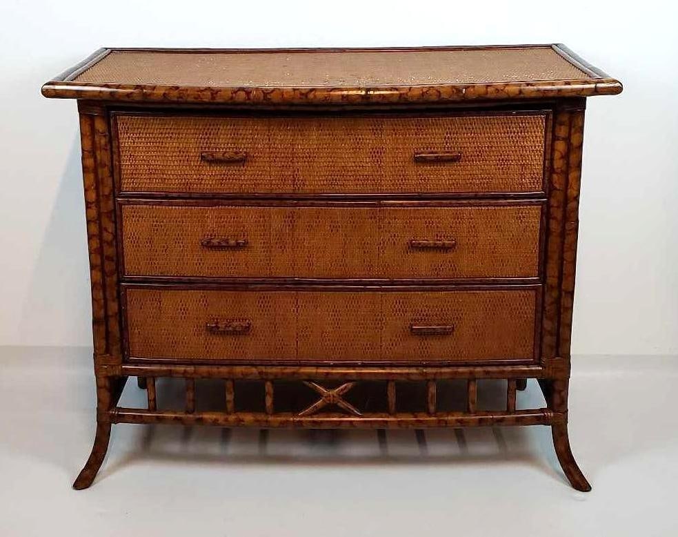 BRITISH COLONIAL FAUX TORTOISE BAMBOO AND GRASS CLOTH CHEST OF DRAWERS (1 of 11)