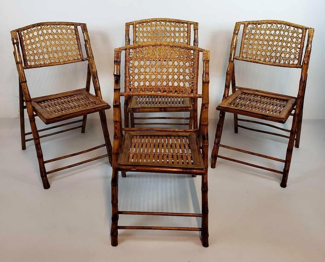 SET OF FOUR FAUX BAMBOO AND SPLIT REED STYLE BRITISH COLONIAL FOLDING CHAIRS (1 of 12)