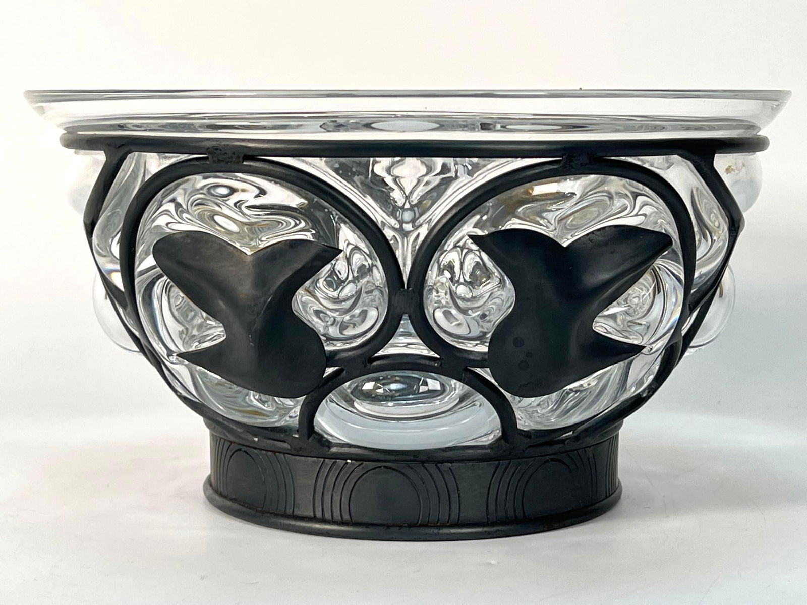 LARGE DAUM FRANCE ART DECO CLEAR CRYSTAL AND WROUGHT IRON BOWL: *A large Daum France Art Deco bowl, crafted from clear crystal and wrought iron. Dimensions: 9.75” D x 5.25”H Artist or Maker: Daum France Notes: Although care is taken to photograph an