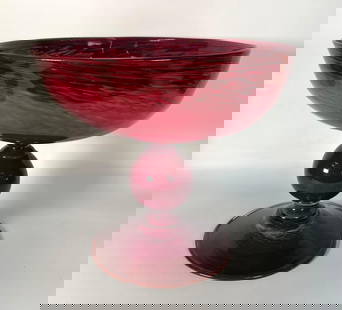 EXTRA LARGE MURANO CRANBERRY RED ART GLASS CENTERPIECE PEDESTAL BOWL: *A large Murano art glass pedestal bowl in a striking cranberry red.  Dimensions: 12.5&rdquo; H x 14&rdquo; D  Artist or Maker: Murano   Notes: Although care is taken to photograph and describe the it