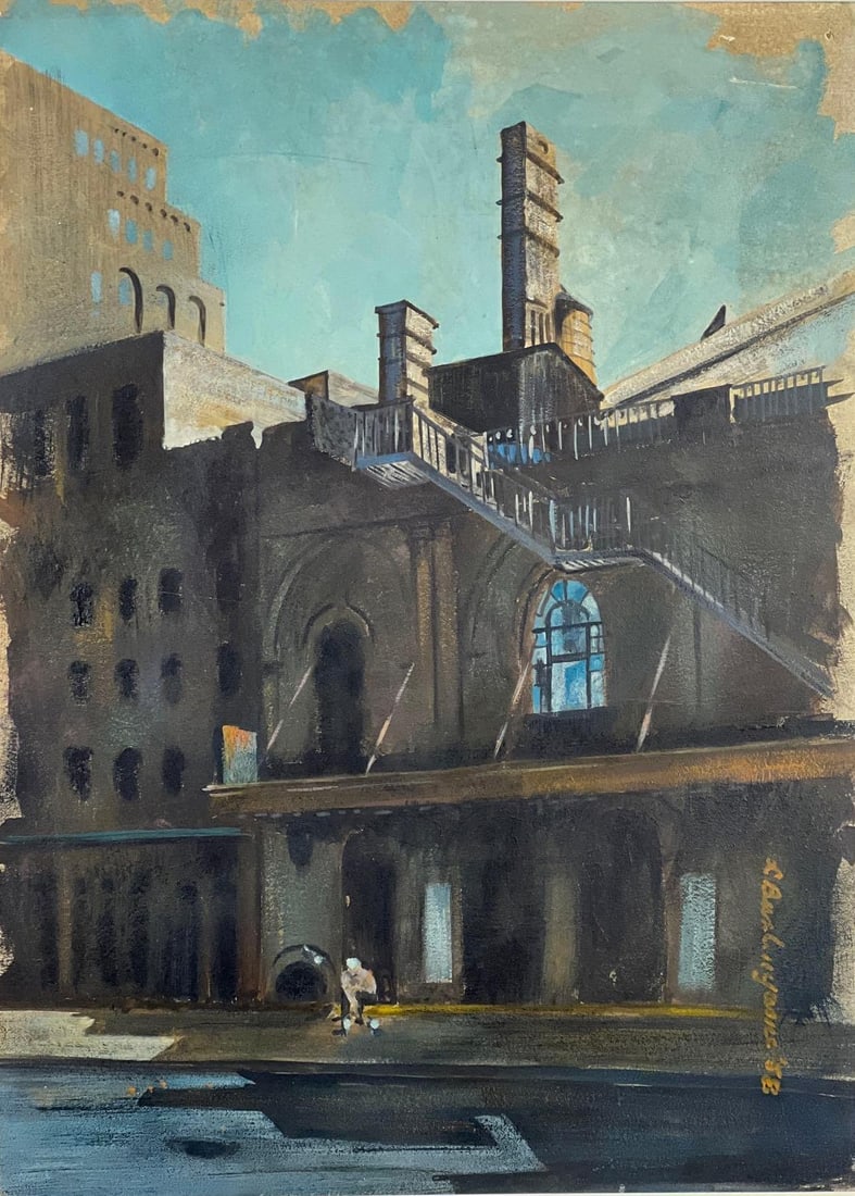 SIGNED OIL PAINTING OF A NYC SCENE (1958): A signed oil painting from 1958, capturing a New York City scene with buildings and an atmospheric sky. Dimensions: O.A. 21" x 17" Artist or Maker: Illegible, dated '58 Notes: Although car