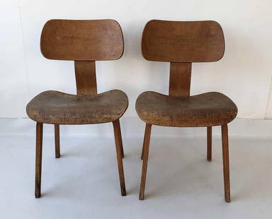 PAIR OF BENTWOOD MID CENTURY CHAIRS IN THE STYLE OF THONET: A pair of natural bentwood chairs. Note: the finish on these chairs is in need of rehabilitation.  Dimensions: 29.5&#34;h x 18&#34;w x 22&#34; d  Maker: Unknown Notes: Although care is taken to photog