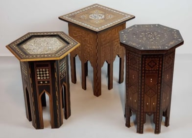 TRIO OF MIDDLE EASTERN WOODEN SIDE TABLES WITH GEOMETRIC & CALLIGRAPHIC INLAY