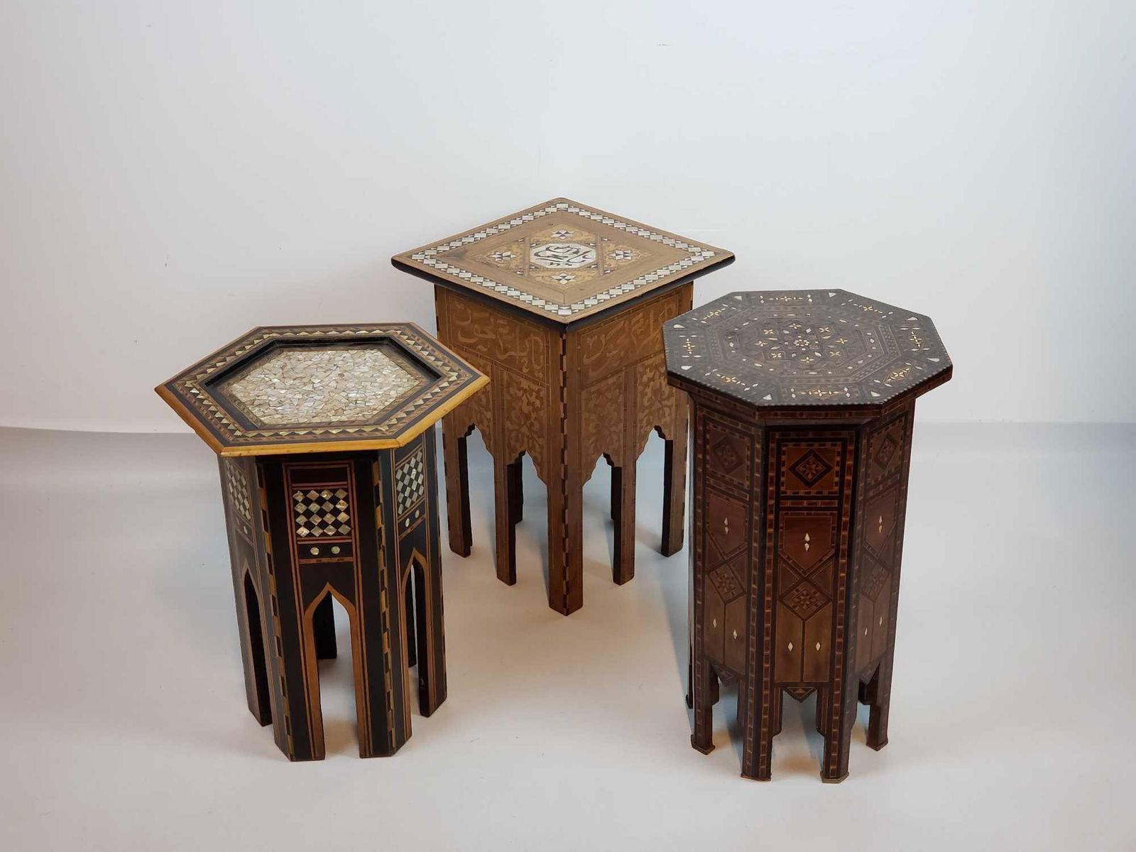 TRIO OF MIDDLE EASTERN WOODEN SIDE TABLES WITH GEOMETRIC & CALLIGRAPHIC INLAY (1 of 20)