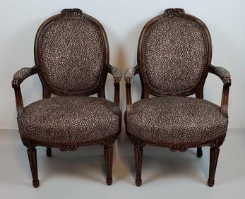 PAIR OF LOUIS XVI STYLE CARVED WALNUT FAUTEUIL ARMCHAIRS - LEOPARD PRINT UPHOLSTERY
