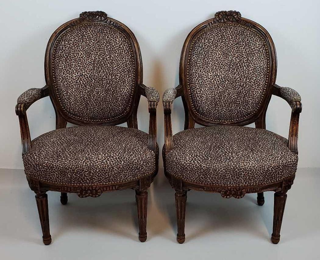 PAIR OF LOUIS XVI STYLE CARVED WALNUT FAUTEUIL ARMCHAIRS - LEOPARD PRINT UPHOLSTERY (1 of 16)