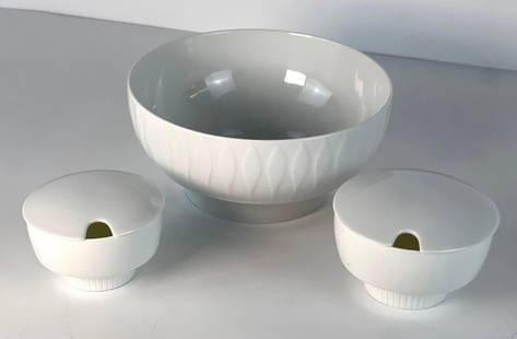 THREE PIECES OF VINTAGE TAPIO WIRKKELA PORCELAIN BY ROSENTHAL GERMANY: Two German white porcelain condiment dishes and one bowl. Dimensions: Bowl: 7.5” D Maker/Artist: Tapio Wirkela for Rosenthal Notes: Although care is taken to photograph and describe the item,