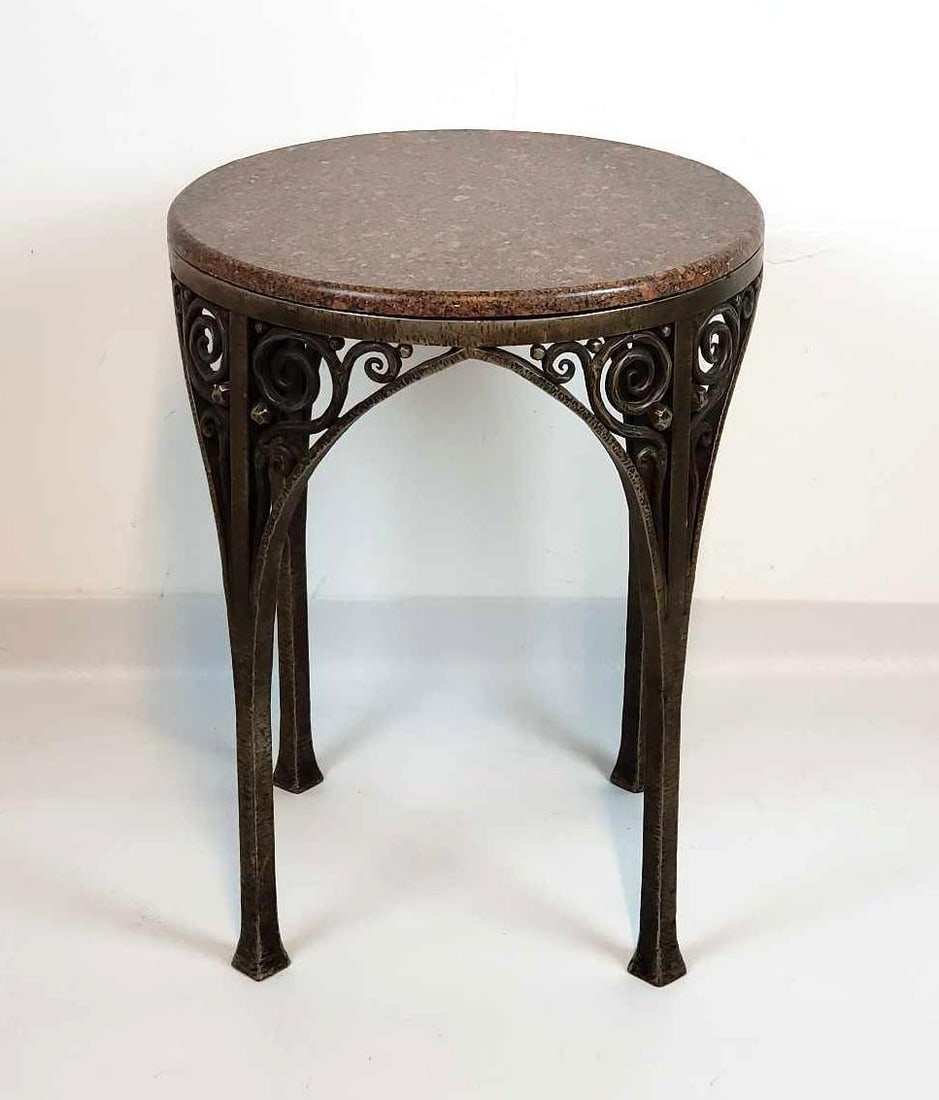 VINTAGE ART NOUVEAU STYLE GARDEN / CONSERVATORY TABLE WITH STONE TOP (1 of 7)