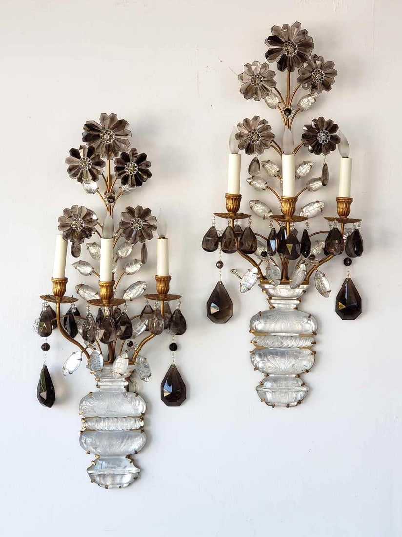 EXCEPTIONAL PAIR OF FRENCH, HOLLYWOOD REGENCY STYLE GILT ROCK CRYSTAL FLOWER SCONCES (1 of 12)