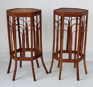 PAIR OF VINTAGE BOHO CHIC BURNT BAMBOO & RATTAN HEXAGONAL PLANT STANDS / PEDESTALS