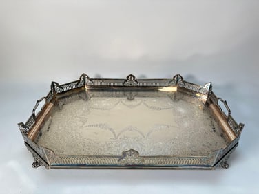 LARGE ANTIQUE SILVER-PLATED GALLERIED ORNATE ENGRAVED BUTLER'S SERVING TRAY