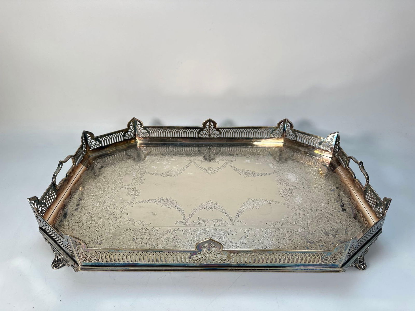 LARGE ANTIQUE SILVER-PLATED GALLERIED ORNATE ENGRAVED BUTLER'S SERVING TRAY (1 of 11)