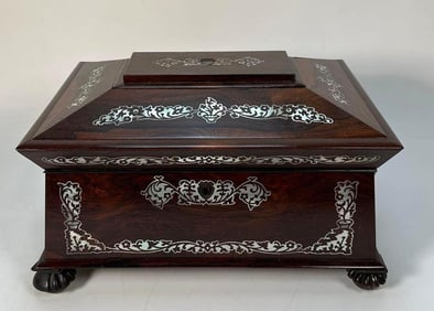 ANTIQUE MIDDLE EASTERN STYLE ROSEWOOD & MOTHER OF PEARL INLAID SEWING / TEA CADDY BOX