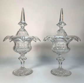 PAIR OF ANTIQUE CUT GLASS BONBONNIERES / COVERED URN CANDY DISHES