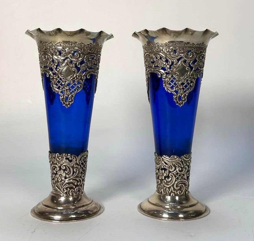 PAIR OF ENGLISH COBALT BLUE GLASS & STERLING SILVER FILIGREE TRUMPET VASES (1 of 8)