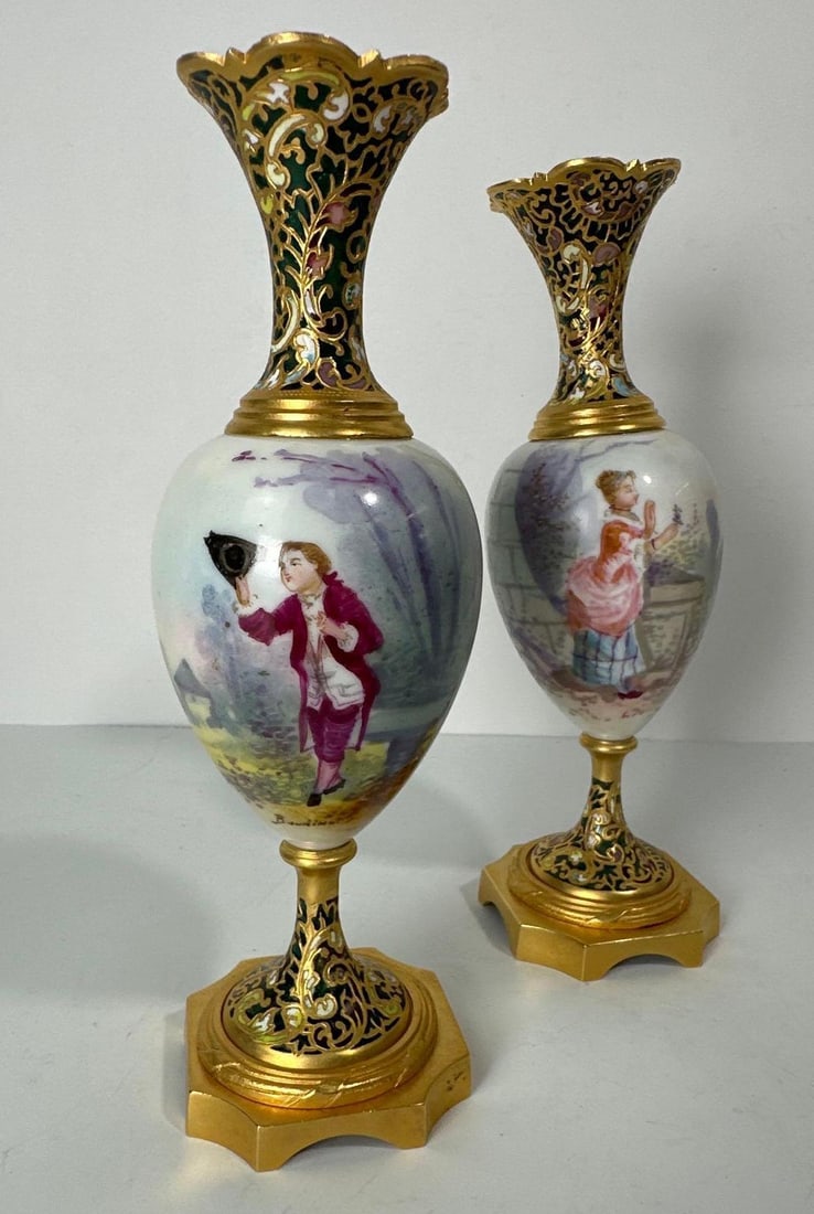 PAIR OF AMPHORAE SEVRES FRANCE CHAMPLEVE ENAMELLED | CLOISONNE BUD VASES (1 of 10)