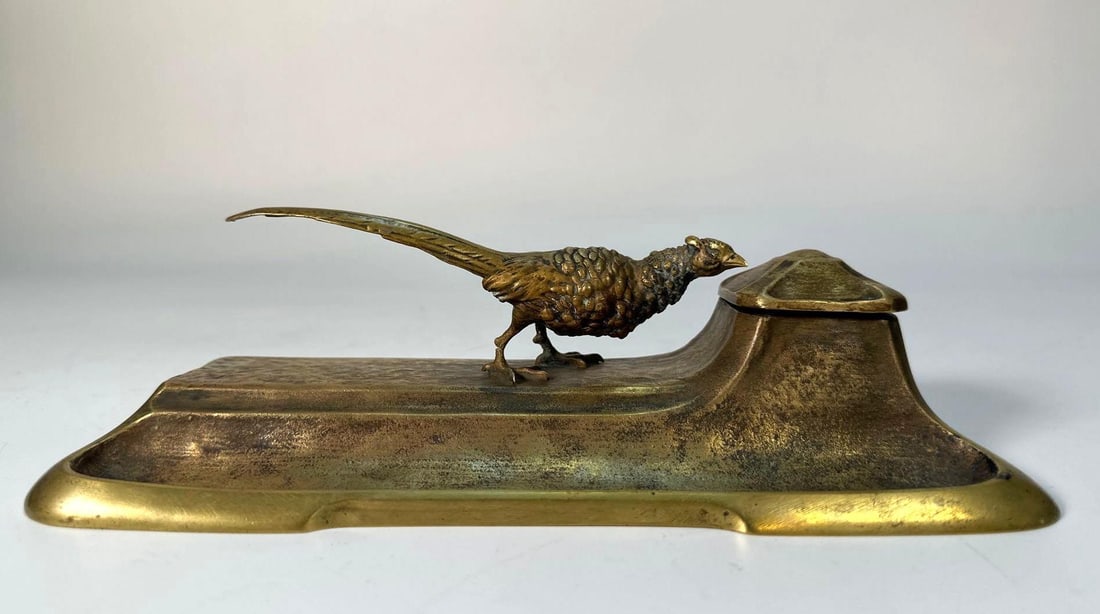 ANTIQUE AUSTRIAN ART NOUVEAU BRONZE / BRASS PHEASANT INKWELL / DESK PIECE (1 of 10)
