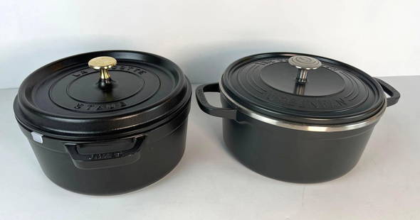 PAIR OF LA COCOTTE STAUB AND GREENPAN DUTCH OVENS: A duo of Dutch ovens, one a La Cocotte Staub and the other a GreenPan. Dimensions: Both 10” D Artist or Maker: La Cocotte Staub & Greenpan. Provenance: A New York Collector Notes: