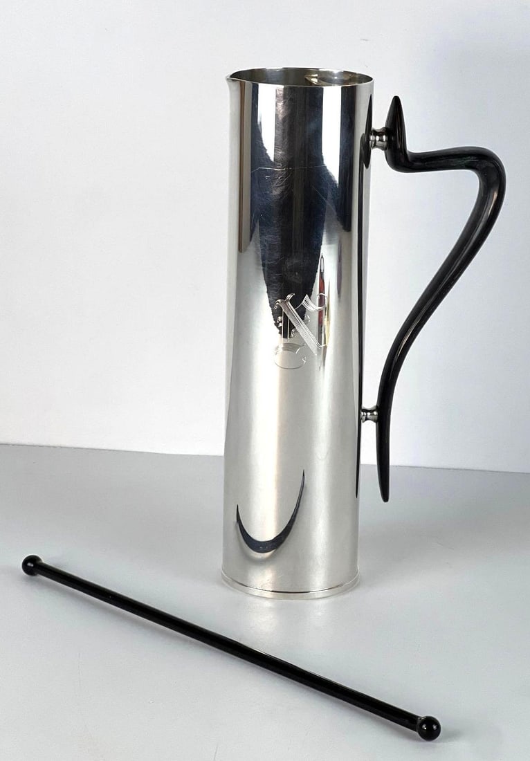 ART DECO SILVER-PLATED GORHAM MARTINI PITCHER W/ BLACK GLASS STIRRER (1 of 6)