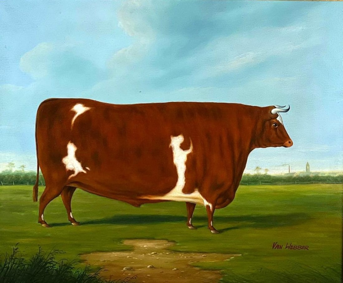 LIVING ESTATE OF JOSEPH RODANO: VAN WEBBER OIL PAINTING OF A STEER: An oil portrait of a cow in a pasture. Provenance: From the living estate of Joseph Rodano. Dimensions: oa 31" x 28" Provenance: From the living Estate of Joseph Rodano. Artist: Signed Webber