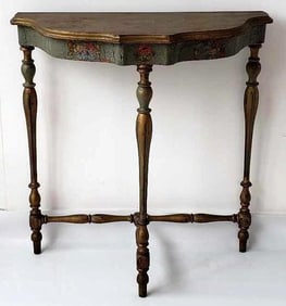 VINTAGE HALF-MOON DEMILUNE CONSOLE TABLE WITH HAND-PAINTED FLORAL ACCENTS