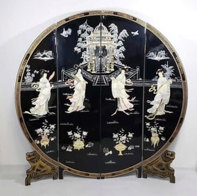 CHINESE BLACK LACQUER AND MOTHER OF PEARL 4 PANEL SCREEN/ ROOM DIVIDER "IMPERIAL LADIES"
