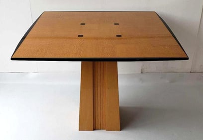 POSTMODERN QUILTED MAPLE DINING TABLE WITH PEDESTAL BASE AND EBONIZED ACCENTS (lot 2 of 2)