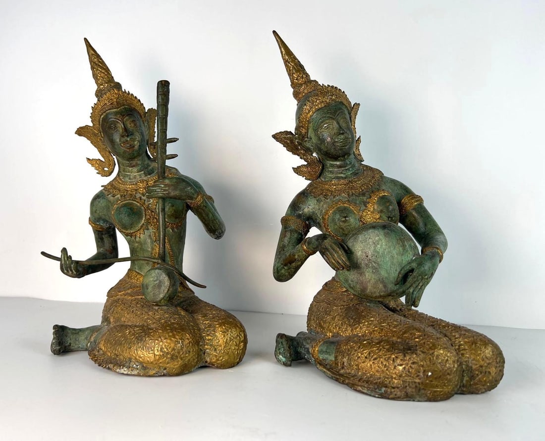 PAIR OF LARGE THAI PARCEL GILT SCULPTURES OF WOMEN PLAYING INSTRUMENTS (1 of 12)