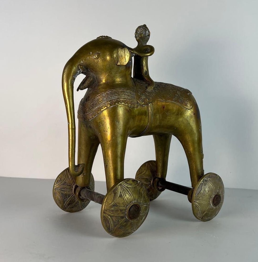 VINTAGE INDIAN BRASS ELEPHANT TEMPLE TOY WITH RIDER (1 of 12)