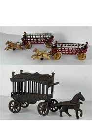 THREE ANTIQUE CAST IRON IRON HORSE DRAWN TOY SETS, INCLUDING FIRE WAGONS AND CIRCUS WAGON