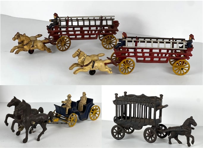 THREE ANTIQUE CAST IRON IRON HORSE DRAWN TOY SETS, INCLUDING FIRE WAGONS AND CIRCUS WAGON: A collection of three antique cast iron horse-drawn toy sets, including two red fire wagons with ladders and figure and a black Overland Circus wagon. Dimensions: Circus Wagon 5.75"T x 11"W Artist o