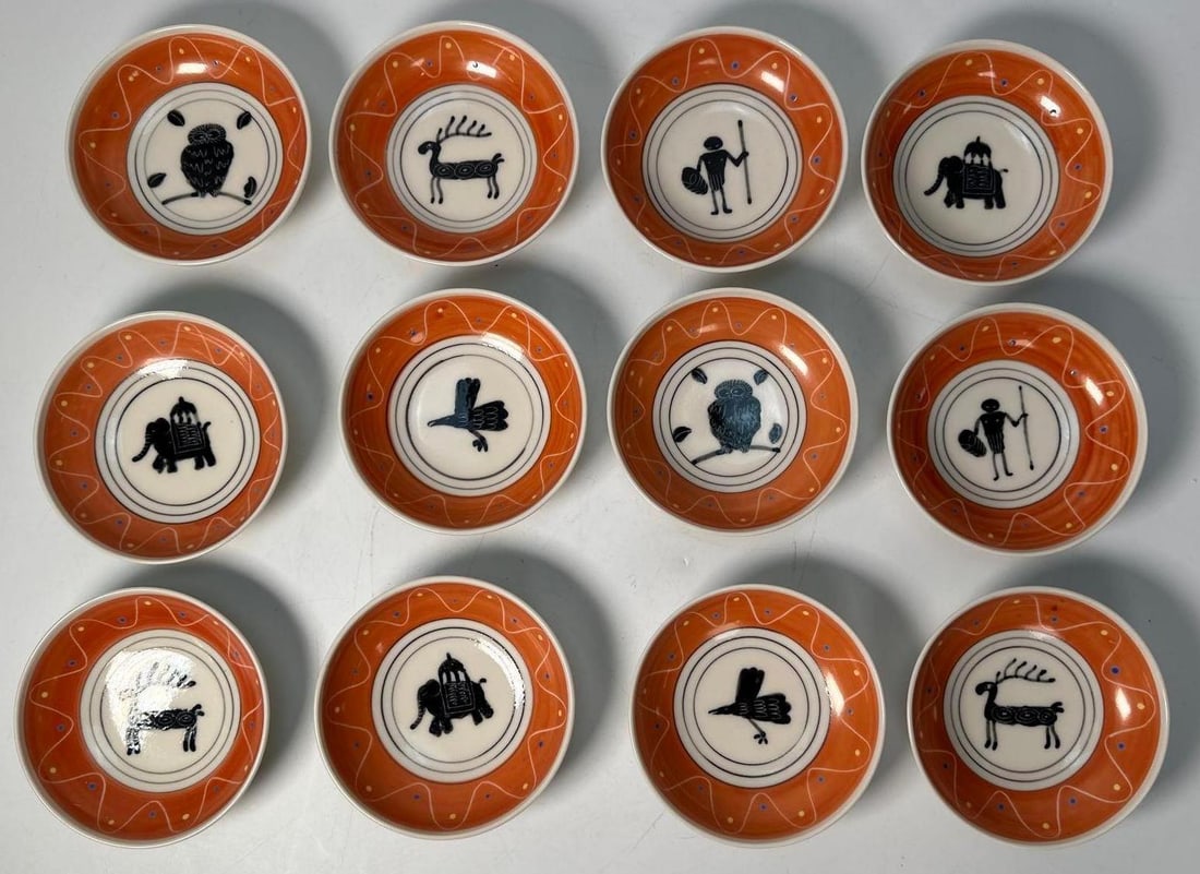 SET OF TWELVE ASIAN CERAMIC HAND-PAINTED SMALL BOWLS WITH STYLIZED ANIMALS & HUMAN FIGURES (1 of 3)