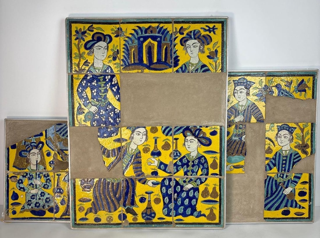 SET OF THREE LARGE VINTAGE PERSIAN HAND-PAINTED TILE ART PANELS (1 of 6)