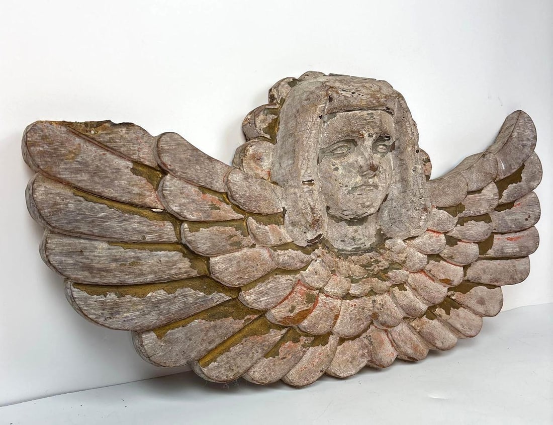 VINTAGE CARVED POLYCHROME WOOD WINGED ANGEL WALL HANGING (1 of 6)