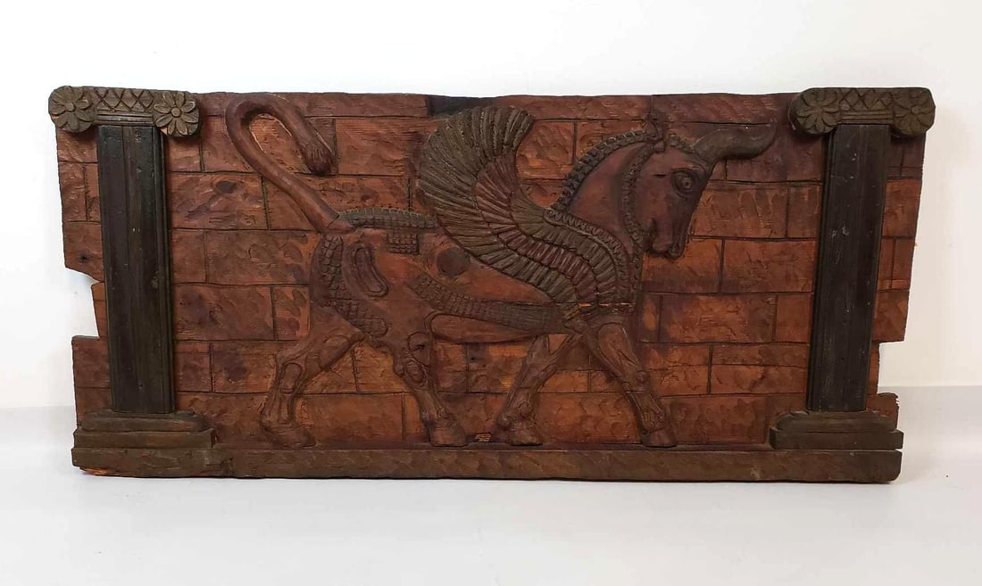 ANTIQUE CARVED WOOD PAINT DECORATED ARCHITECTURAL RELIEF PANEL WINGED BULL (1 of 12)
