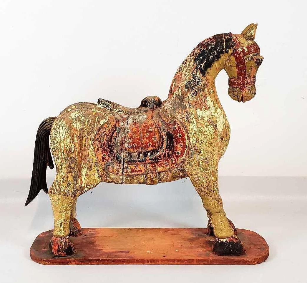 VINTAGE POLYCHROME PAINT DECORATED CARVED WOODEN HORSE SCULPTURE (1 of 9)