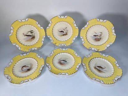 SET OF SIX AUTHENTIC ANTIQUE COALPORT HAND-PAINTED FISH PLATES: ***PLEASE NOTE ONE HAS A SIGNIFICANT CRACK AND WILL REQUIRE RESTORATION. A Set of Six Coalport, England hand-painted fish plates with scalloped borders and gilt accents. Dimensions: 9.5"DIA Artist o