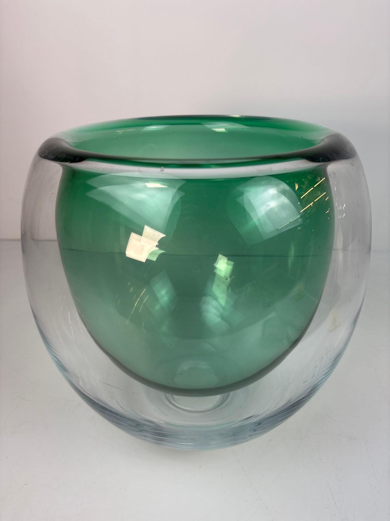 LARGE MODERNIST GREEN & CLEAR ART GLASS BOWL: Large double walled blown glass bowl or ice bucket. Dimensions: 10" Tall x 9" Dia Artist or Maker: Likely Holmegaard / Royal Copenhagen Provenance: The Living Estate of Joseph Rodano. No
