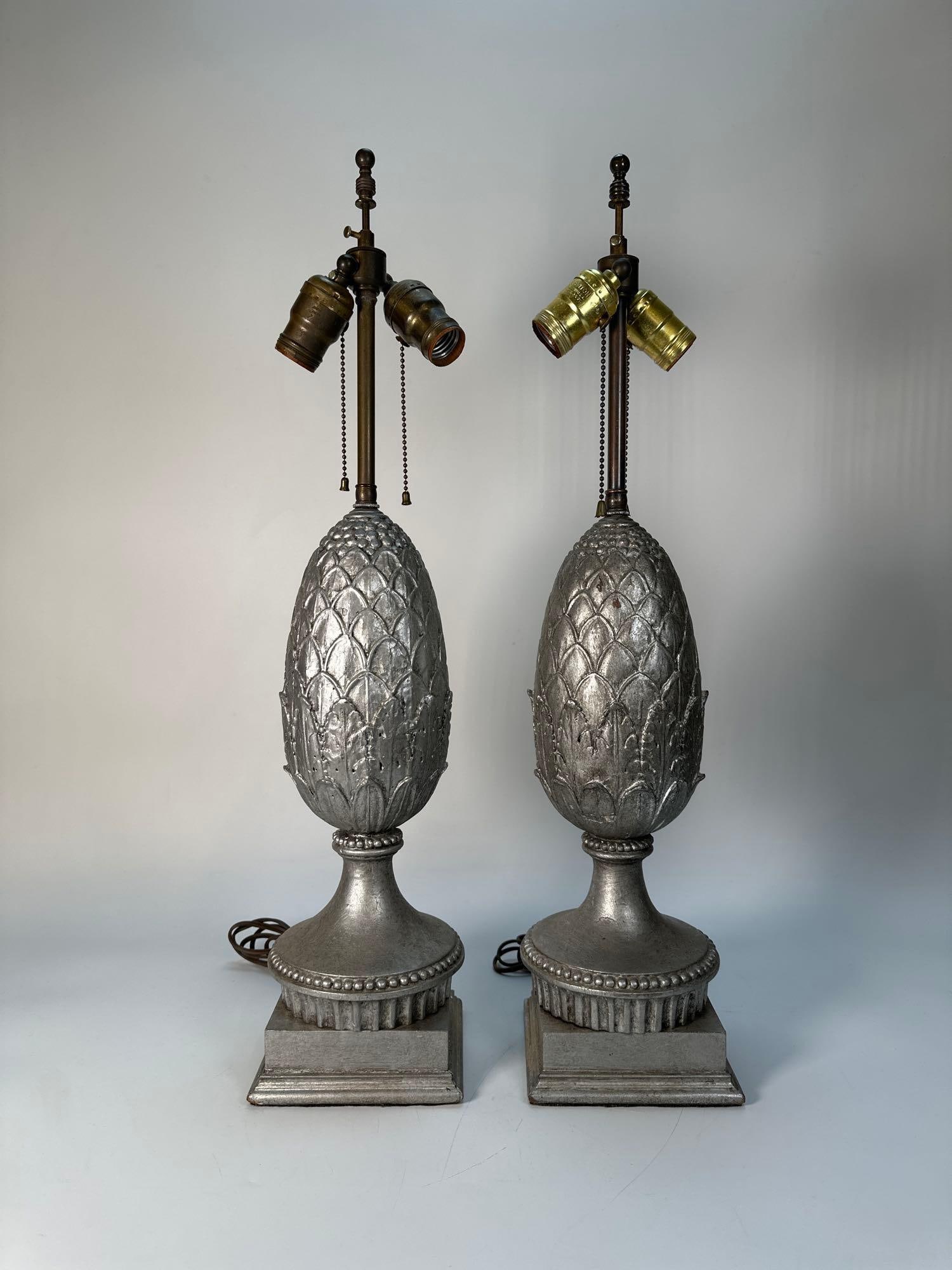 PAIR OF VINTAGE PINEAPPLE MOTIF TABLE LAMPS WITH SILVER-TONE FINISH (1 of 7)