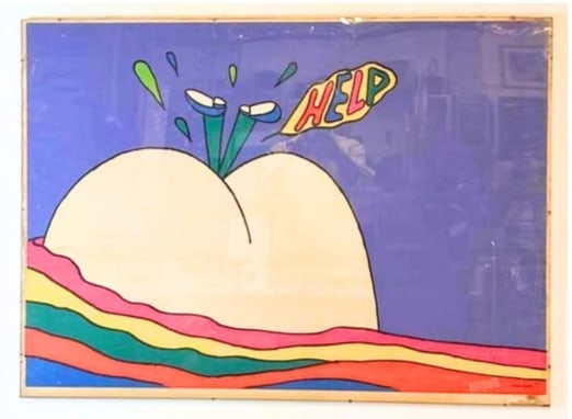 YOJI KURI SIGNED AND DATED LITHOGRAPHIC POSTER 'HELP': A framed original lithographic poster 'HELP' by influential animator and artist Yoji Kuri" Dimensions: 30" x 42" Artist or Maker: Yoji Kuri (Japanese, born 1928) Provenance: A New York collector. No