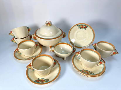 VINTAGE BIZARRE BY CLARICE CLIFF HAND PAINTED ART DECO CHINA FOR NEWPORT POTTERY, ENGLAND: A hand painted set of china coffee/tea service, marked Newport Pottery, England. Dimensions: 14 PIECE SET INCLUDES: 6 MUGS 4&#34; DIA 6 SAUCERS 6.75&#34; DIA 1 CREAM PITCHER 4.75&#34; DIA 1 POT 7.5&#3