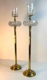 PAIR OF VINTAGE BACCARAT CUT CRYSTAL ASHTRAYS ON BRASS STANDS